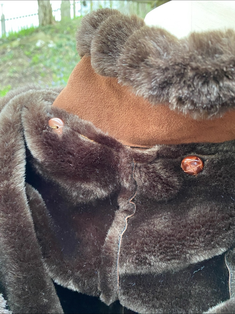 Brown Faux-Suede Long Coat with Faux-Fur Trim, Faux Fur Lining, Removable Hood. - Picture 7 of 9